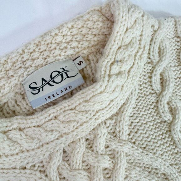 SAOL Ireland Sweater Womens Small Cream Cable Knit 100% Merino Wool Fisherman* - Picture 3 of 9